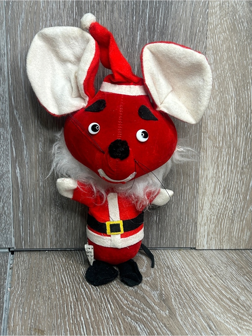 Vintage Red Felt Christmas Mouse Ornament Plush Santa Suit Retro 8”